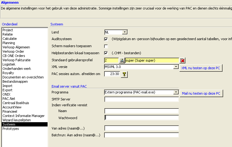 PAC Algemene Instellingen Systeem