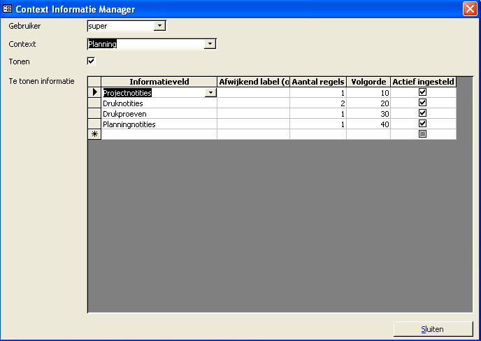 PAC Gebruikersinstellingen Context Informatie Manager