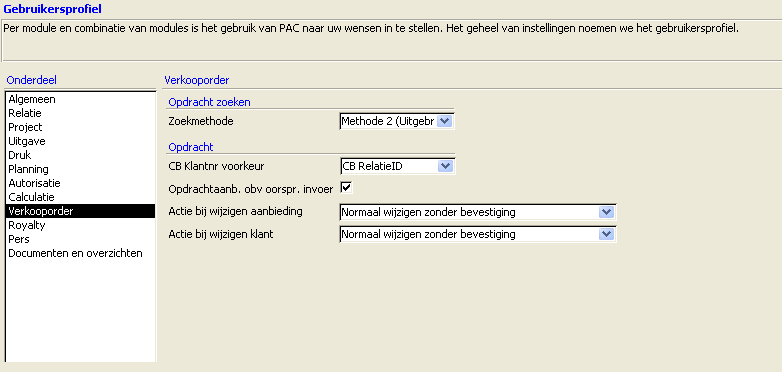 PAC Gebruikersinstellingen Verkoop