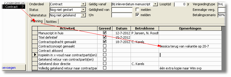PAC Royaltycontract tabblad Rechten aankoop tab Planning