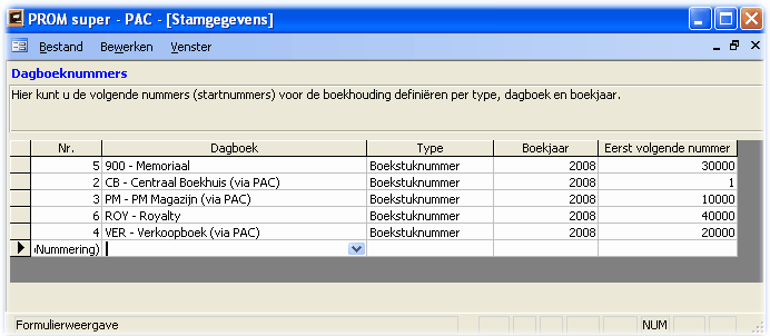 PAC Stamgegevens dagboeknummers